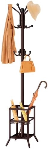 FAVOOSTY Coat Rack Freestanding,Coat Rack Stand with Umbrella Holder,Metal Coat Tree with 12 Hooks,Tree Clothes Hat for Entryway, Hallway, Bedroom, Living Room & Office, Brown