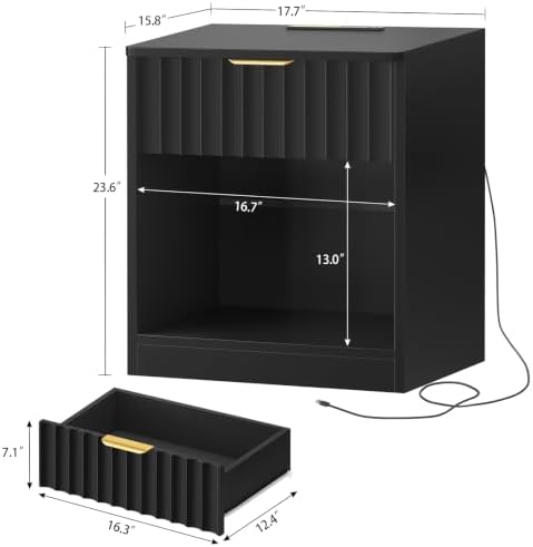Fluted Nightstands Set of 2, Night Stand with Charging Station and LED Light, Nightstand with Storage Drawer and Open Shelf, Bedside Table for Small Space, Bedroom, Black