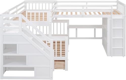 MERITLINE Twin-Twin Over Full Triple Bunk Bed with Storage Stairs,Wardrobe and Desk,Solid Wood L-Shaped 3 Bunk Bed with Ladder,Shelves,Headboard,Guardrail,No Box Spring Needed (White)