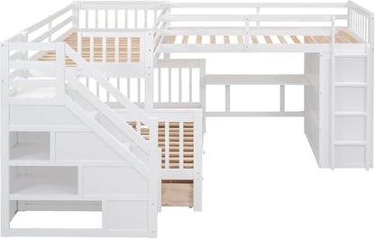 MERITLINE Twin-Twin Over Full Triple Bunk Bed with Storage Stairs,Wardrobe and Desk,Solid Wood L-Shaped 3 Bunk Bed with Ladder,Shelves,Headboard,Guardrail,No Box Spring Needed (White)