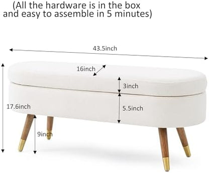 IAFIKE Oval Storage Bench 43.5" Ottoman Bench Upholstered Boucle Fabric Footrest Bench with Golden Metal Legs End of Bed for Bedroom, Living Room, Entryway,Bed Side (Ivory)