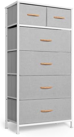 Mifuro Tall Dresser for Bedroom, Vertical Storage Organizer Tower with 6 Drawers, Chest of Drawers with Fabric Bins, Steel Frame, Wood Top for Bedroom, Closet, Entryway- Light Grey