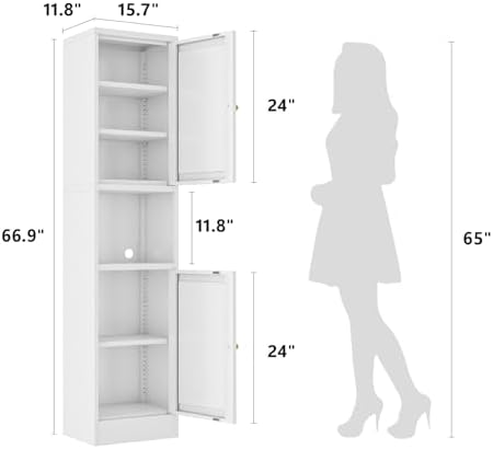 Metal Bathroom Storage Cabinet, 67" Tall Narrow Freestanding Floor Cabinet with Adjustable Shelves and Open Compartment, Slim Metal Locker for Laundry, Kitchen, Dining Room