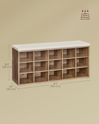 VASAGLE Shoe Bench with Cushion, 15 Compartments, 11.8 x 41.3 x 18.9 Inches
