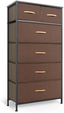 Mifuro Tall Dresser for Bedroom, Vertical Storage Organizer Tower with 6 Drawers, Chest of Drawers with Fabric Bins, Steel Frame, Wood Top for Bedroom, Closet, Entryway- Brown