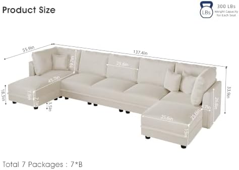 LLappuil Modular Sectional Sofa with Storage, U-Shaped 7-Seat Corduroy Couch with 7 Throw Pillows, Pet-Friendly Convertible Sofa for Living Room & Apartment, Skin-Friendly, Beige