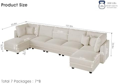LLappuil Modular Sectional Sofa with Storage, U-Shaped 7-Seat Corduroy Couch with 7 Throw Pillows, Pet-Friendly Convertible Sofa for Living Room & Apartment, Skin-Friendly, Beige