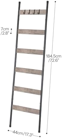 HOOBRO Blanket Ladder, 6-Tier Towel Rack with Hooks, Wall-Leaning Blanket Rack, Decorative Display Ladder Shelf, Scarves, Industrial, Living Room, Bedroom, Black and Greige BG66CJ01