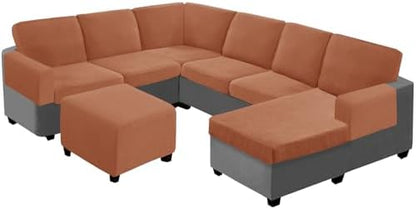 UNBBRRL Seat Cushion Cover and Back Covers for Corner Sofa Stretch Jacquard, Non Slip L Shaped Sofa Slipcover with Storage Ottoman, Sectional Couch Cover for Chaise Lounge (Orange,31 x 31 x 6”)