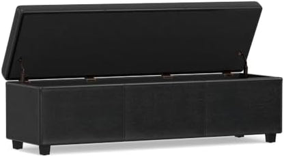 SIMPLIHOME Avalon 60" Wide Fabric Storage Ottoman in Midnight Black