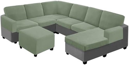 Seat Cushion Cover and Back Covers for Corner Sofa Stretch Jacquard, Non Slip L Shaped Sofa Slipcover with Storage Ottoman, Sectional Couch Cover for Chaise Lounge (Gray green,Ottoman 39 x 39 x 19”)