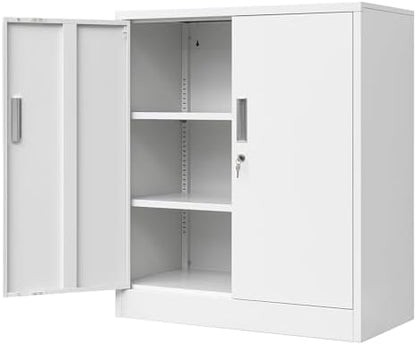 Metal Storage Cabinet, 36" H Locking Storage Cabinet with 2 Adjustable Shelves for Garage, Home, Office, Utility Room-White