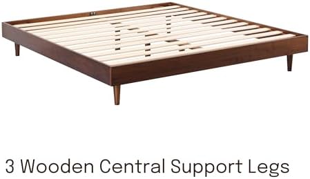 Fly Wooden Bed Frame Without Headboard, Crafted from Walnut, Rubber Wood with Silent Slats and Wood Central Supports, 1000 Lb Capacity, Effortless Assembly, Queen - Dark Walnut