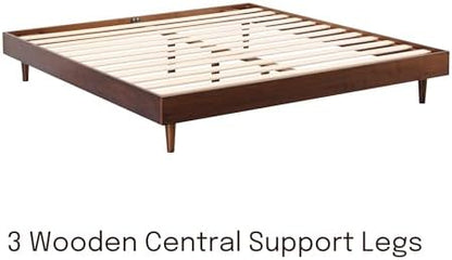 Fly Wooden Bed Frame Without Headboard, Crafted from Walnut, Rubber Wood with Silent Slats and Wood Central Supports, 1000 Lb Capacity, Effortless Assembly, Queen - Dark Walnut
