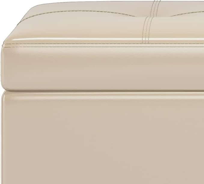 SIMPLIHOME Oregon Storage Ottoman Bench with Tray - 42 inch Wide Upholstered Vegan Leather Rectangle Storage Ottoman Bench in Satin Cream, Transitional Tufted Ottoman for Living Room with Lift-Up Lid