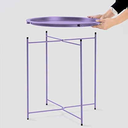 Garden 4 you End Table 2 PCS Metal Side Table Purple Round Folding Tray Cyan Sofa Small Accent Fold-able Table, Round End Table Tray, Next to Sofa Table, Snack Table for Living Room and Bed Room