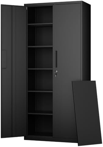 Metal Storage Cabinet with Lock,71” Garage Storage Cabinets with 2 Doors and 5 Adjustable Shelves,Steel Tool Cabinets Locking Metal Cabinet for Home,Office,Warehous,Industria(Black)