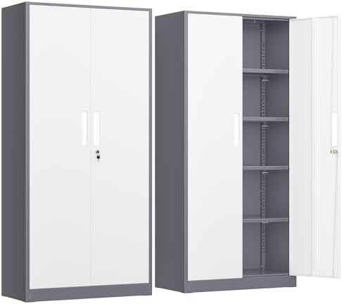 INTERGREAT Metal Storage Cabinet, 72” H Storage Cabinet with 2 Doors and 4 Adjustable Shelves for Office, Home, Garage, Pantry (Gray White)