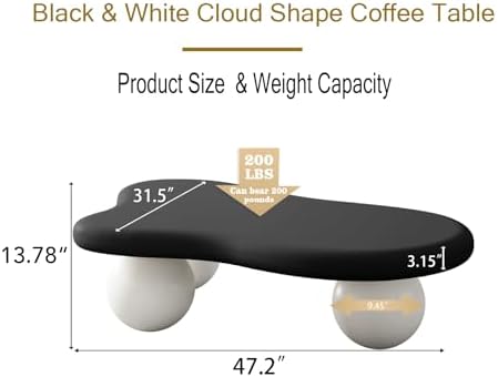 47" Cloud Shaped Coffee Table with 3 Ball Legs, Modern Minimalist Accent Tea Table for Living Room, Bedroom, Apartment or Office, Spacious MDF Surface, Kid & Pet Friendly, Black+White