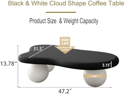 47" Cloud Shaped Coffee Table with 3 Ball Legs, Modern Minimalist Accent Tea Table for Living Room, Bedroom, Apartment or Office, Spacious MDF Surface, Kid & Pet Friendly, Black+White