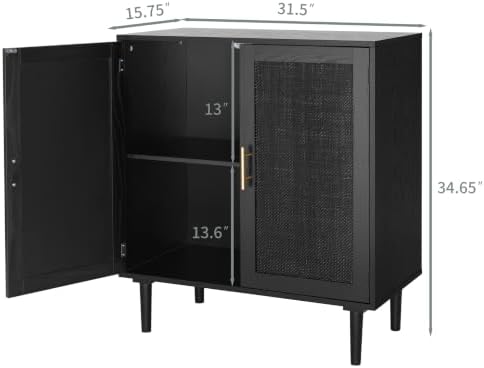 Finnhomy Sideboard Buffet Kitchen Storage Cabinet with Black Painted Rattan Decorated Doors, Dining Room, Hallway, Cupboard Console Table, Liquor/Accent Cabinet, 31.5X 15.8X 34.6 Inches, Black