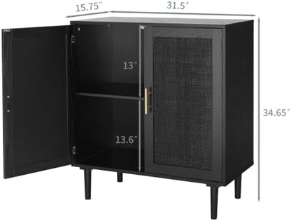 Finnhomy Sideboard Buffet Kitchen Storage Cabinet with Black Painted Rattan Decorated Doors, Dining Room, Hallway, Cupboard Console Table, Liquor/Accent Cabinet, 31.5X 15.8X 34.6 Inches, Black