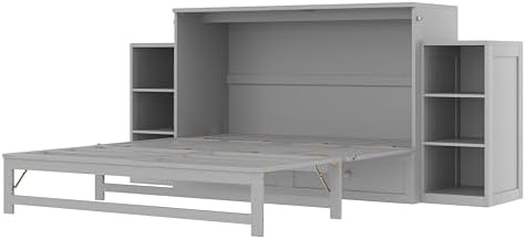 Bellemave Queen Murphy Bed, Cabinet Bed with 2 Shelves and Storage Drawers, Farmhouse Murphy Cabinet, Light Gray