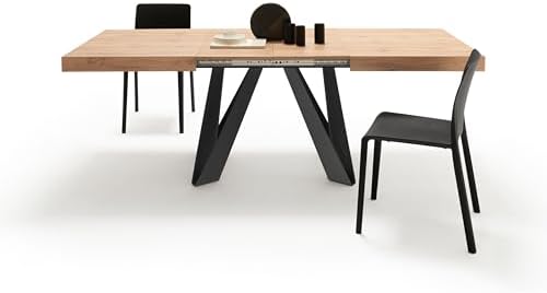 Mobili Fiver, Romina Extendable Table 55.1(86.6) x35.4 in, Rustic Oak with Black Iron Legs, Made in Italy