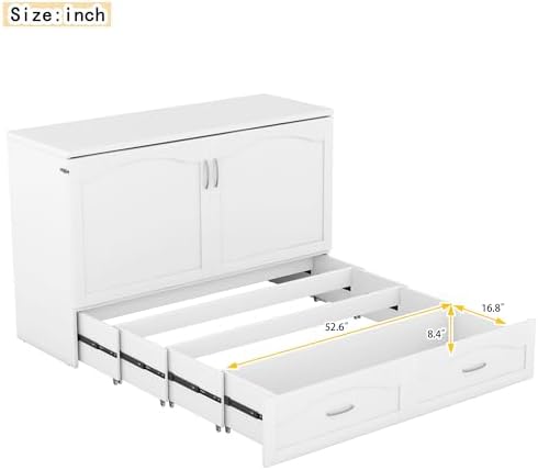 Merax Queen Murphy Bed with Storage Drawers, Pulley Structure Design, Murphy Bed Queen with Sockets & USB Ports, No Box Spring Needed, White