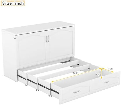 Merax Queen Murphy Bed with Storage Drawers, Pulley Structure Design, Murphy Bed Queen with Sockets & USB Ports, No Box Spring Needed, White