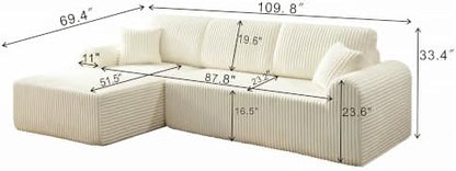 109" White Oversized Sectional Boneless Deep Seat Couch. Left Face Chaise