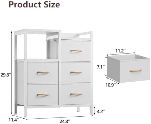 White Dresser for Bedroom, 5 Drawer Small Fabric Closet Dresser