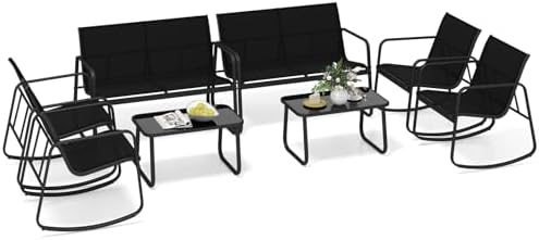 Tangkula 8 Piece Patio Furniture Set, Outdoor Rocking Bistro Set with 4 Rocking Chairs, 2 Loveseats & 2 Tempered Glass Coffee Tables, Porch Rocker Chair Conversation Set for Balcony Poolside Garden