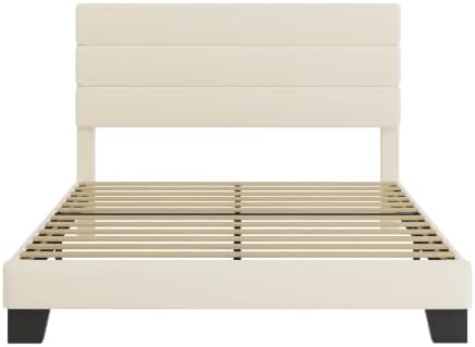 SHA CERLIN Full Platform Bed Frame with Upholstered Velvet Headboard, Cream