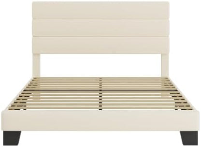SHA CERLIN Full Platform Bed Frame with Upholstered Velvet Headboard, Cream