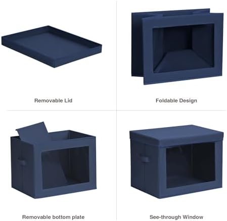 Stackable Storage Bins with Lids - Large Storage Box with Lids, Foldable Closet Boxes for Organizing, Wardrobe Clothes Organizer with Window, Cubes Bins for Living Room, 4 Pack, Navy Blue