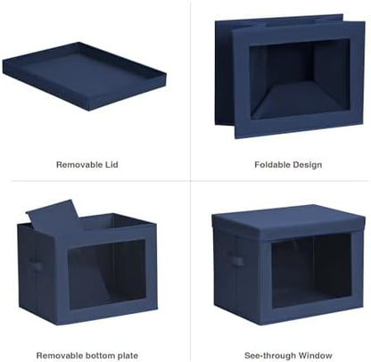 Stackable Storage Bins with Lids - Large Storage Box with Lids, Foldable Closet Boxes for Organizing, Wardrobe Clothes Organizer with Window, Cubes Bins for Living Room, 4 Pack, Navy Blue