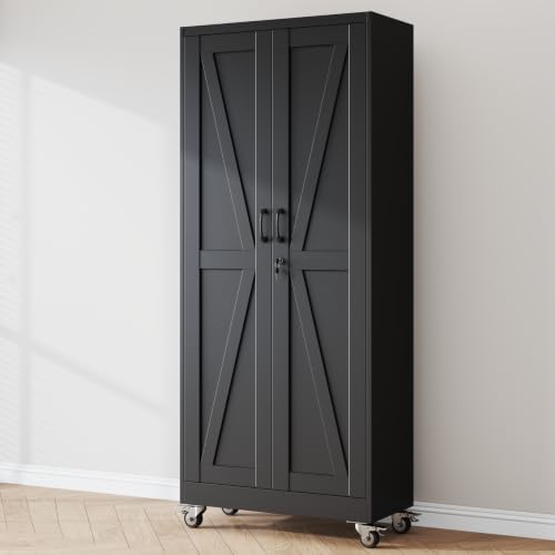 75" Metal Garage Storage Cabinet with Wheels, Locking Doors, 5 Shelves