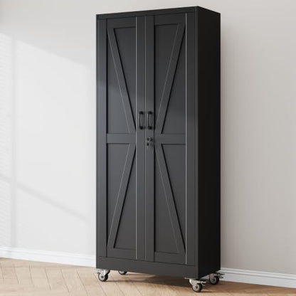 75" Metal Garage Storage Cabinet with Wheels, Locking Doors, 5 Shelves