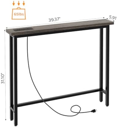 VINGLI 39" Console Table with Power Outlet, Narrow Sofa Table,Charcoal Gray