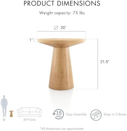 Furniture of America Lestara Modern Solid Rubberwood 20-inch Round End Table with Cone-Shaped Pedestal Base, Living Room Furniture for Small Space, Home Office, Oak Finish