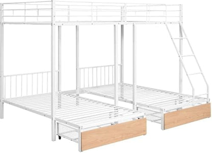 MERITLINE Detachable Full Over Twin & Twin Bunk Bed with Storage and Ladder,Metal Triple Bunk Bed with Drawers and Guardrails,Space-Noise Free, No Box Spring Needed (White)