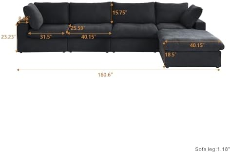 Cloud Couch Modular Sectional Sofa with Storage Ottoman,160.6" L Shaped Couch for Living Room,Down Filled 5 Seater Black Convertible Sectional Sofas,Covers Washable&Replaceable