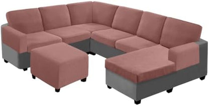 UNBBRRL Seat Cushion Cover and Back Covers for Corner Sofa Stretch Jacquard, Non Slip L Shaped Sofa Slipcover with Storage Ottoman, Sectional Couch Cover for Chaise Lounge (Dusty Rose,16 x 16 x 6”)
