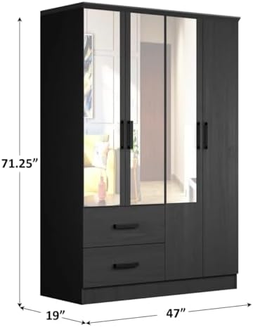 Woodpeckers Furniture And Mattress 4 Mirrored Doors Wardrobe 2 Drawers with Shelves 72 high (3 Mirrors, Black)