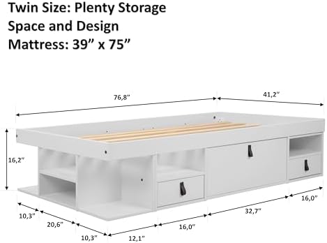 memomad Bali Storage Platform Bed Frame, Twin Size, Matte White