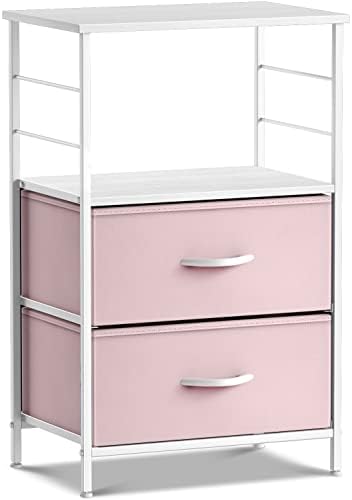Sorbus 2 Drawer Shelf Storage Nightstand - Kids Bedside Furniture End Table Night Stand with Steel Frame Wood Top & Easy Pull Fabric Bins, Dresser & Chest for Home Bedroom Accessories Office & College