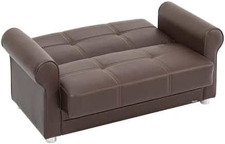 Ottomanson Convertible Loveseat Futon Couch with Hidden Storage & Click-Clack Sleeper Mechanism – Firm Support Sleeper Loveseat for Living Room, Apartment & Guest Room, Brown