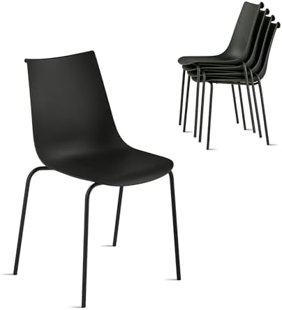 KISLOT Dining Chairs Set of 4, Plastic Outdoor Dining Room Chairs with Metal Legs, PP Anti-UV Stackable Patio Chairs with Ergonomic Back & Curved Seat for Kitchen Swimming Pool, Easy Assembly, Black