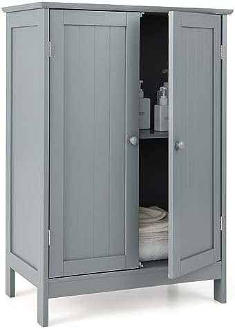 GIANTEX Storage Cabinet with Doors and Shelves - Freestanding Storage Organizer with Anti-Tipping Device, Entryway Storage Unit for Living Room, Home Decor, Bathroom Floor Cabinet (Gray)